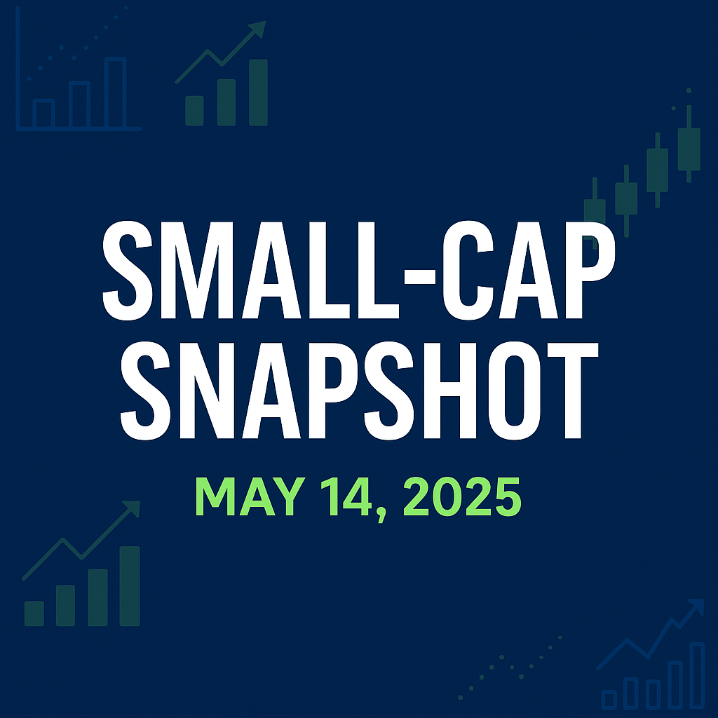 Square feature image with a deep navy (#112369) background overlaid with subtle light-green (#8dc641) line and bar chart motifs. Centered in bold white text is the headline “SMALL-CAP SNAPSHOT,” with the date “MAY 14, 2025” in light green below.