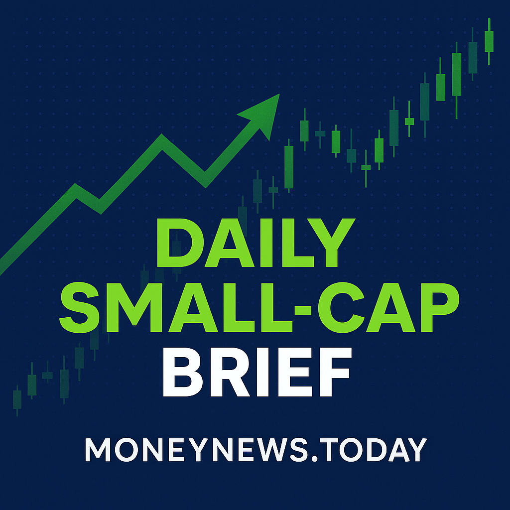 Digital graphic featuring the headline ‘Daily Small-Cap Brief’ with a green stock market arrow and candlestick chart elements on a dark blue background.