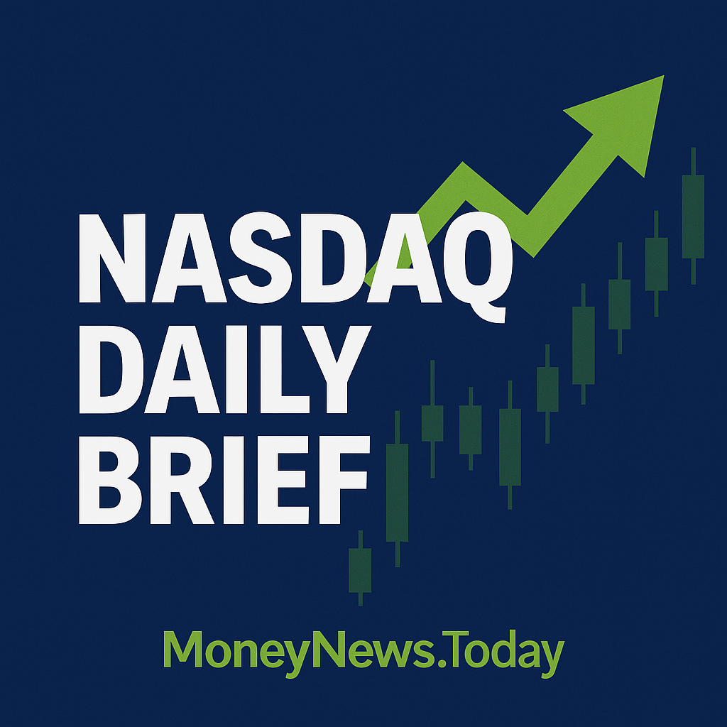 "NASDAQ Daily Brief logo with a green upward arrow and candlestick chart on a dark blue background, featuring the website MoneyNews.Today.