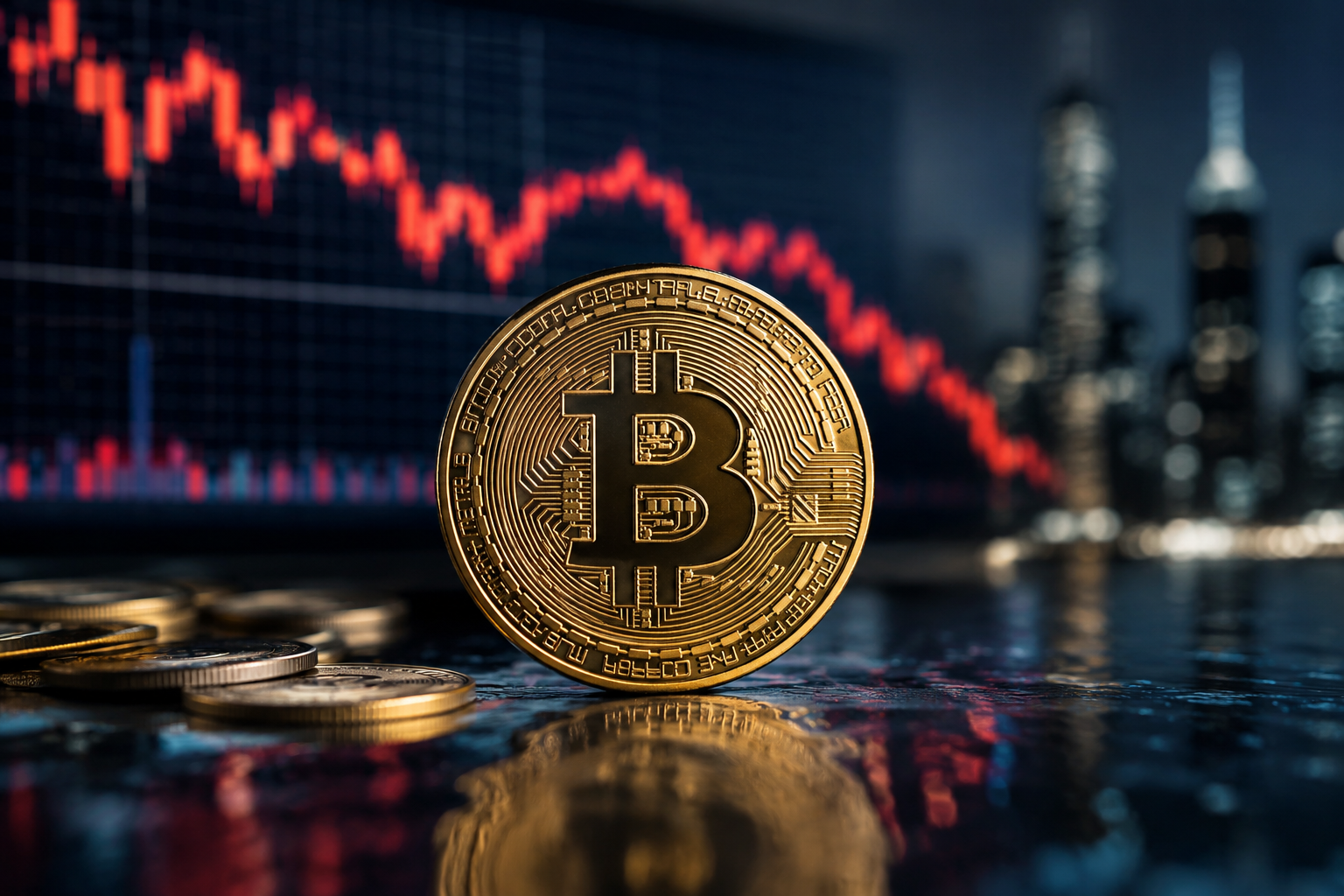 A gold Bitcoin coin on a reflective surface with a blurred red downward financial chart and city skyline in the background.