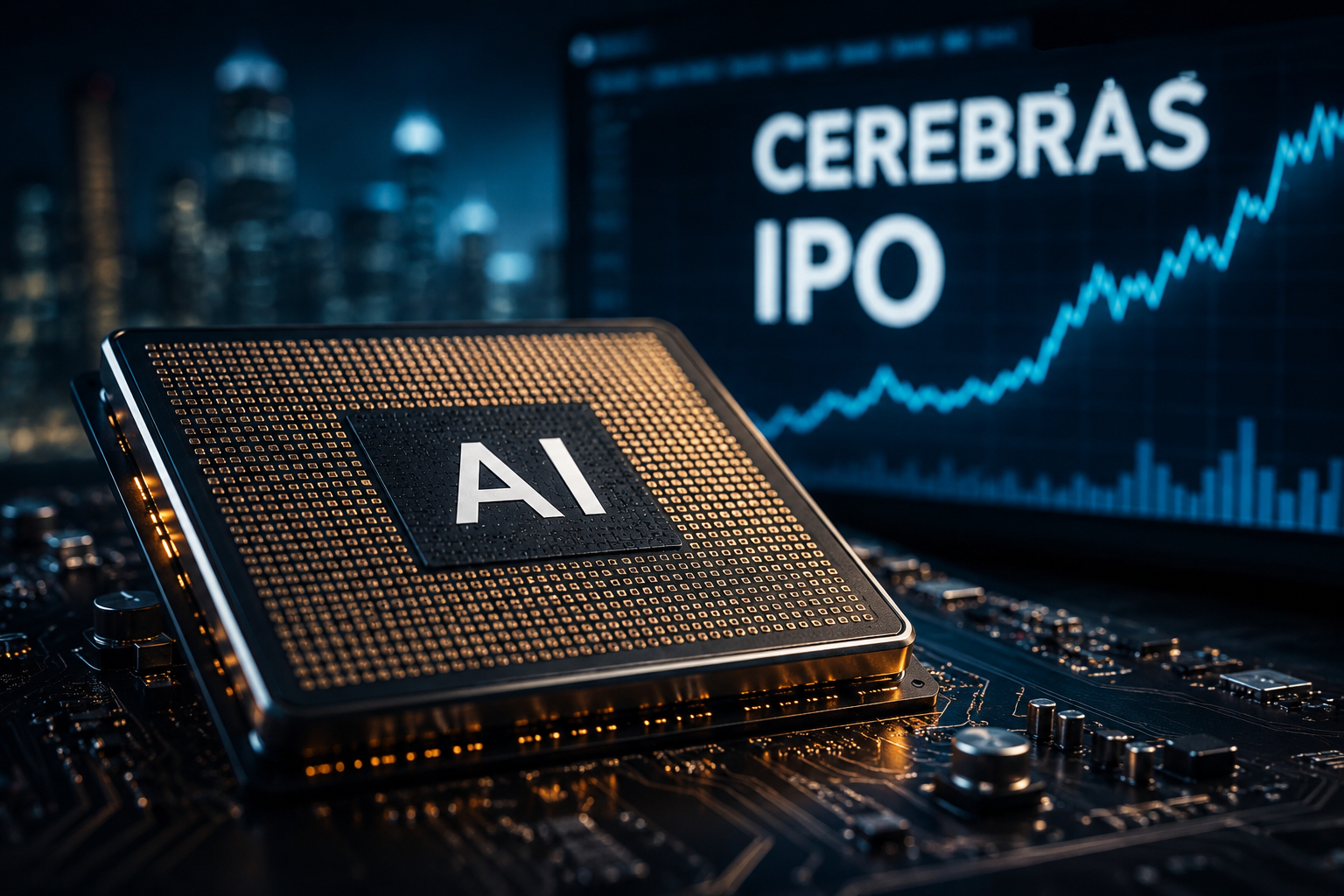 A photorealistic AI microchip on a circuit board with a blurred rising market chart and technology trading display in the background.