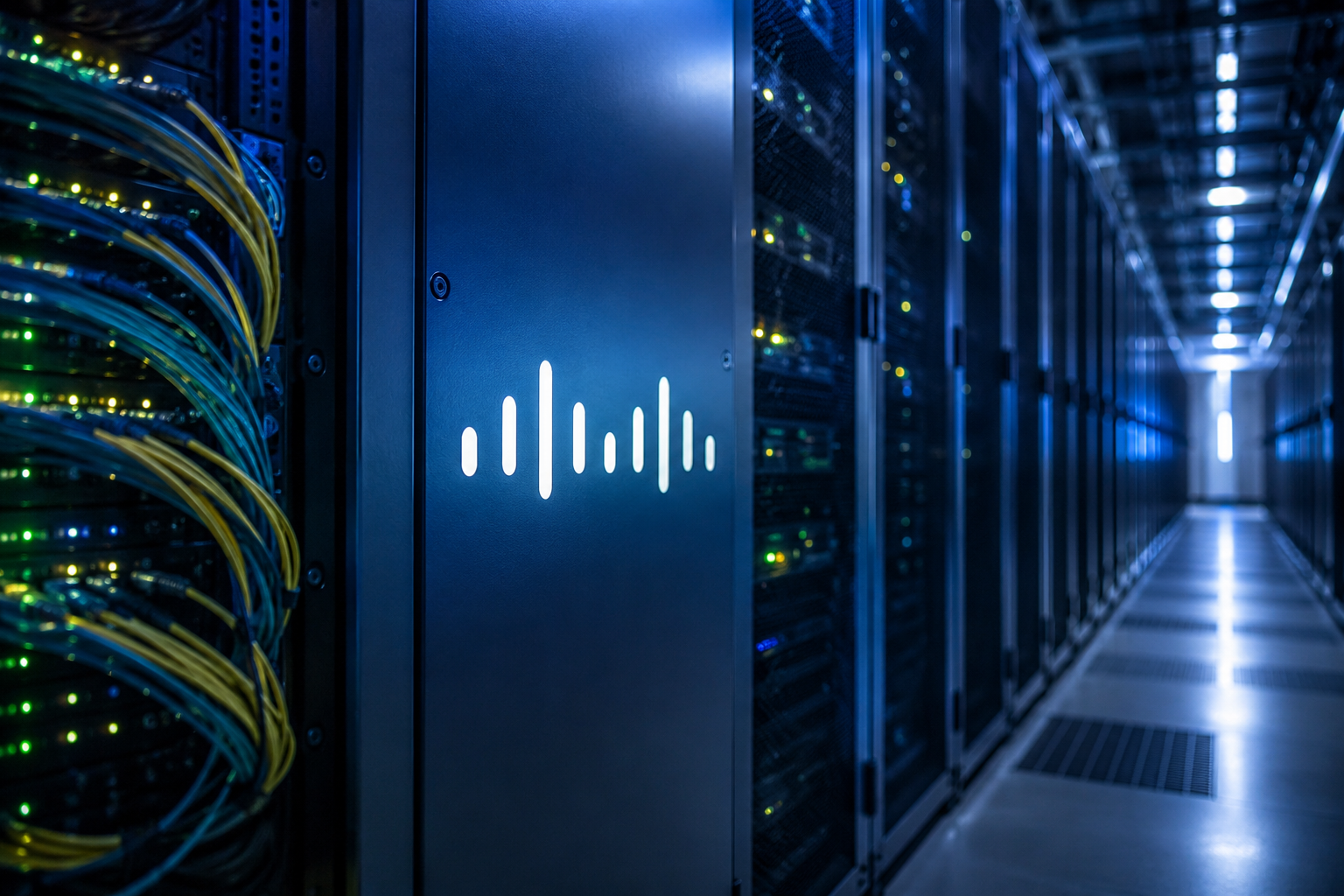 A photorealistic data center corridor with glowing server racks, network cables, and blue-lit infrastructure equipment.