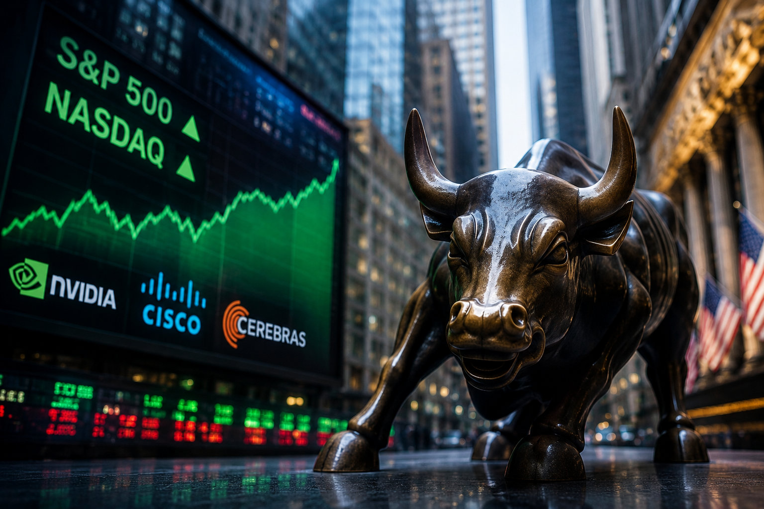A photorealistic Wall Street bull statue in a financial district with green rising market charts and trading screens in the background.