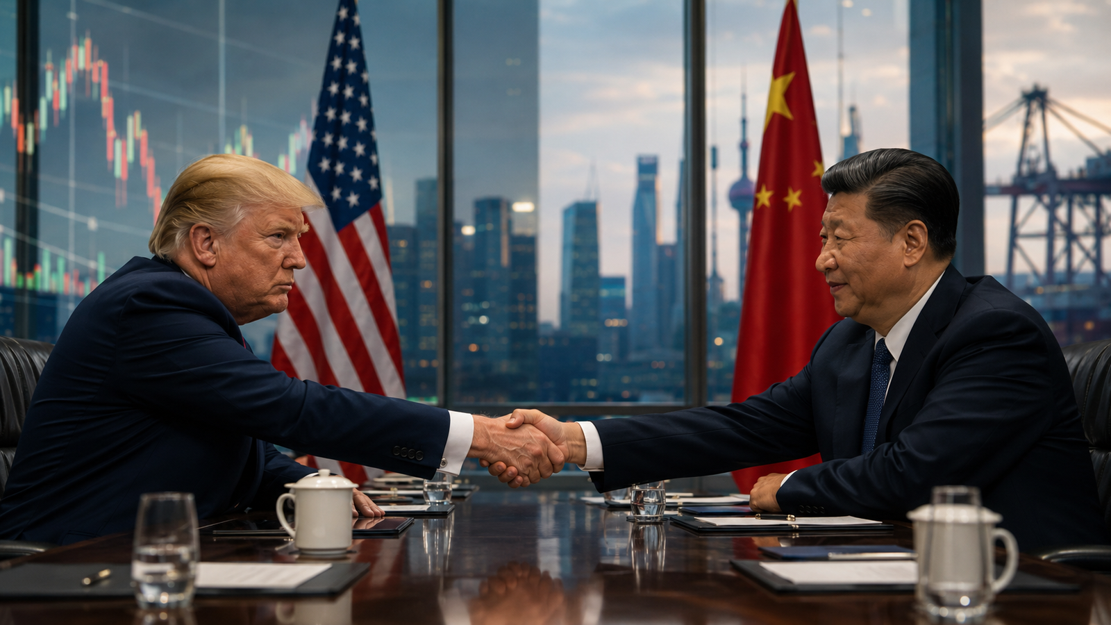 A photorealistic diplomatic handshake between U.S. and Chinese leaders in a modern boardroom with national flags, city skyline, and financial market charts in the background.