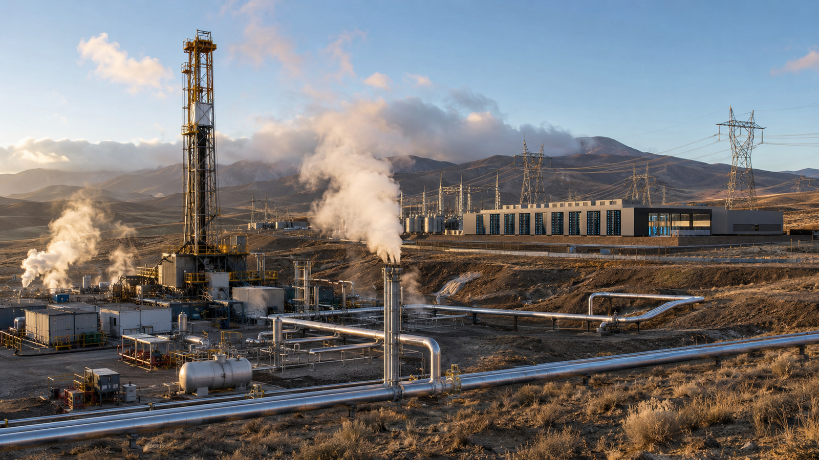 A photorealistic geothermal energy facility with steam vents, drilling equipment, power lines, and a nearby data center in a desert valley.