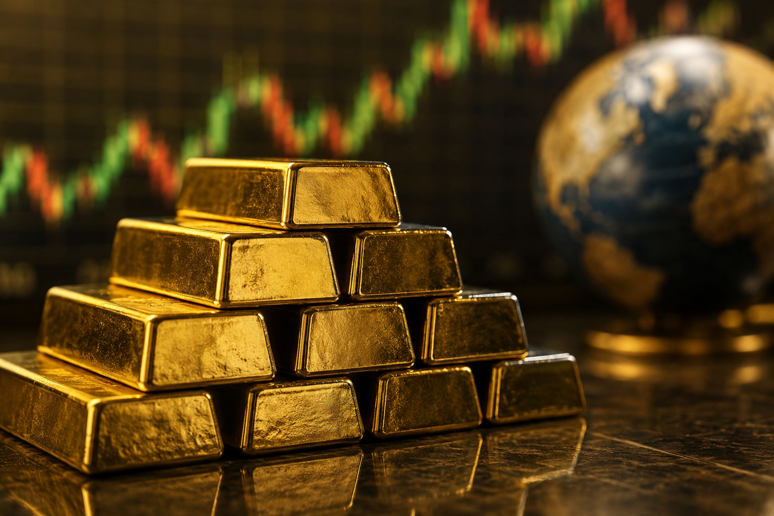 Stacked gold bars in front of a blurred global market chart and globe symbolizing investor demand for safe-haven assets during economic uncertainty.