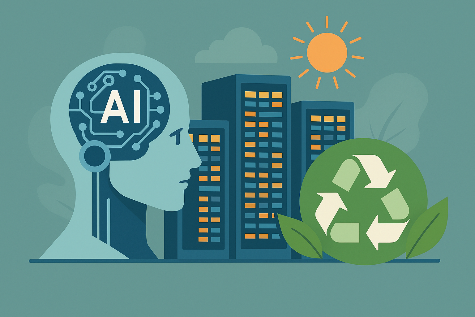 Illustration of a robotic AI head facing a row of data centers surrounded by greenery, recycling symbols, and a sun in the sky representing clean energy and sustainability.