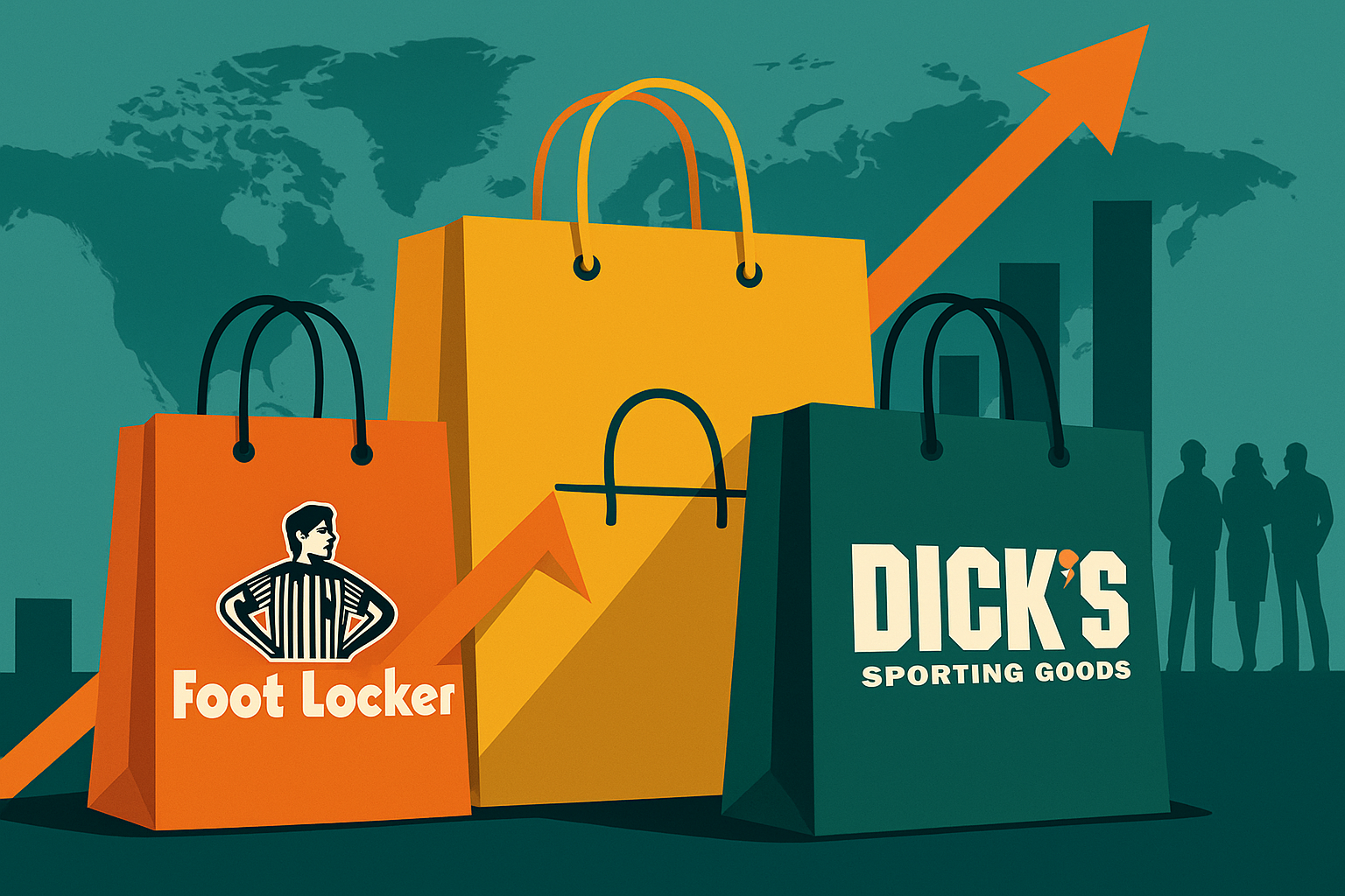 Illustration of two retail brands merging, represented by shopping bags and athletic gear coming together under a unified global network.