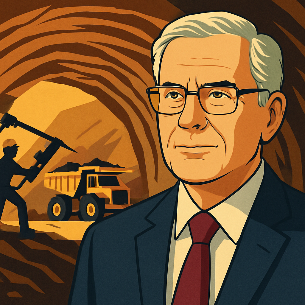 Illustration of an older executive man in a suit standing in front of an underground mining operation with a worker and mining truck in the background.