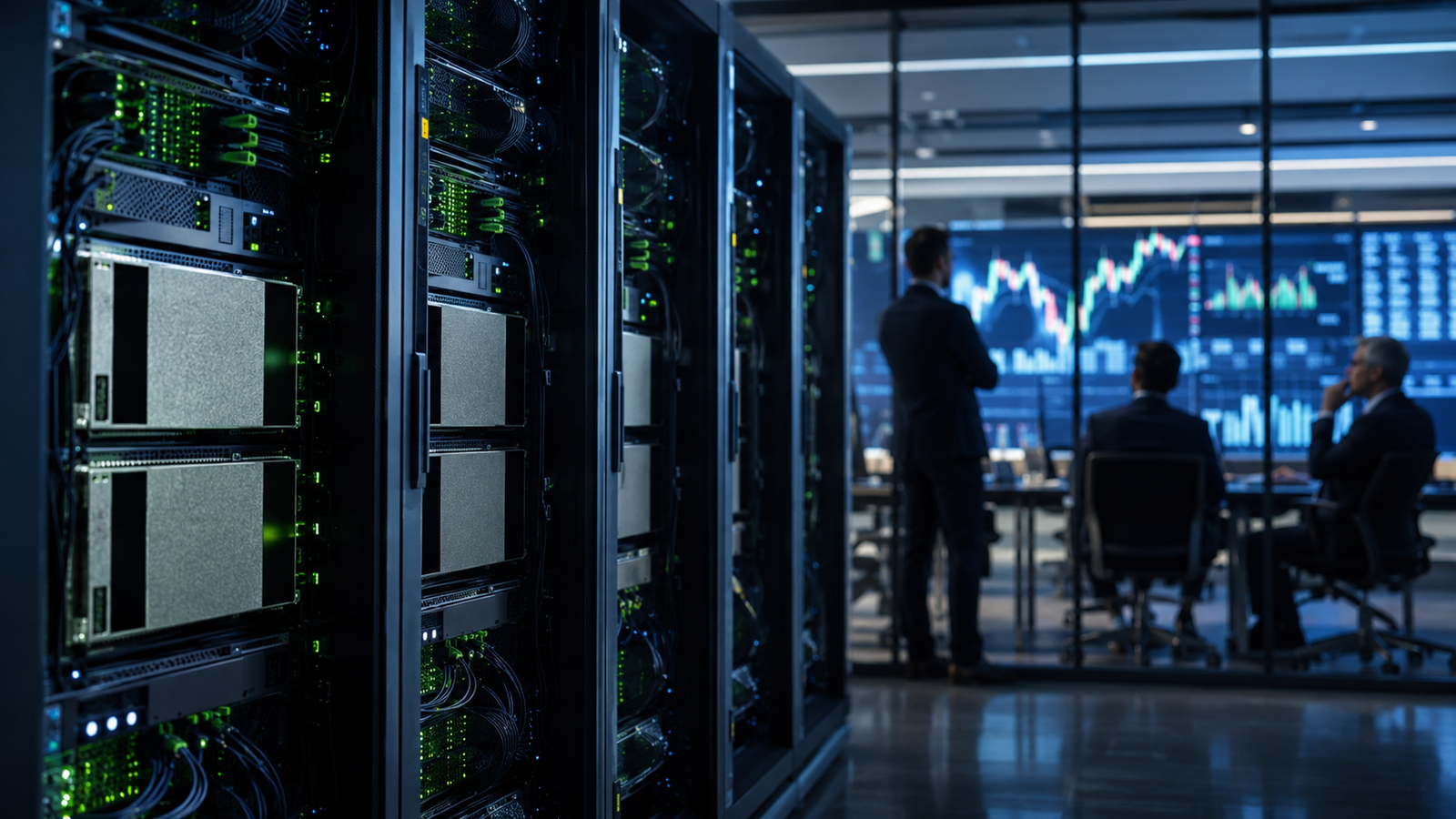 Server racks with glowing green lights stand beside a glass-walled trading room where analysts review blurred market charts.