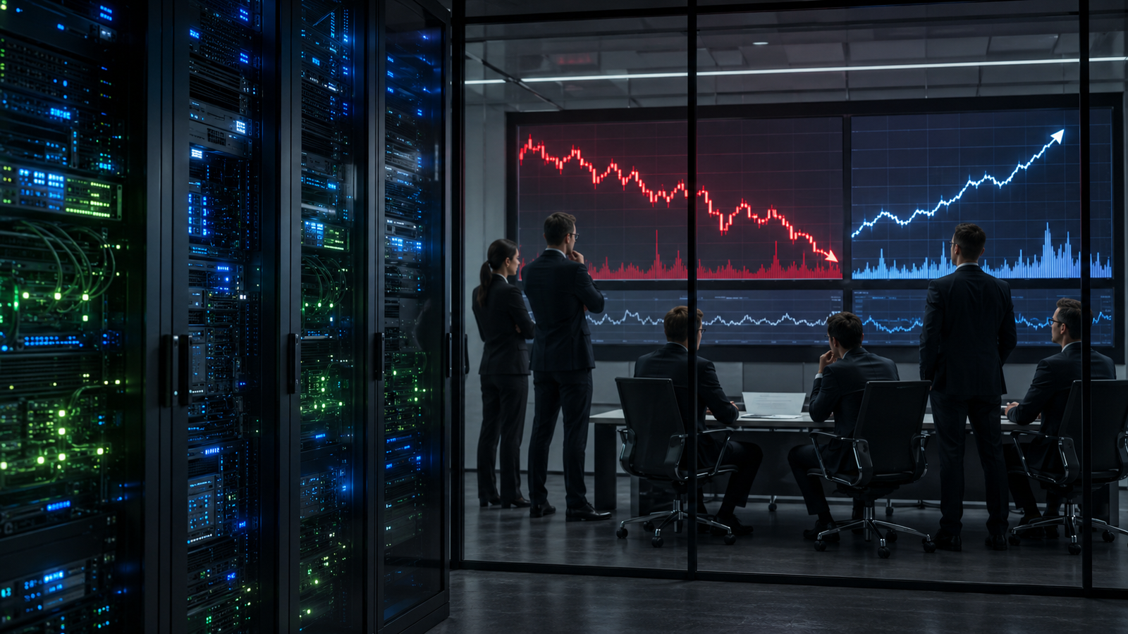 Data center server racks glow beside a glass-walled trading room where analysts review falling stock charts and a rising yield trend.