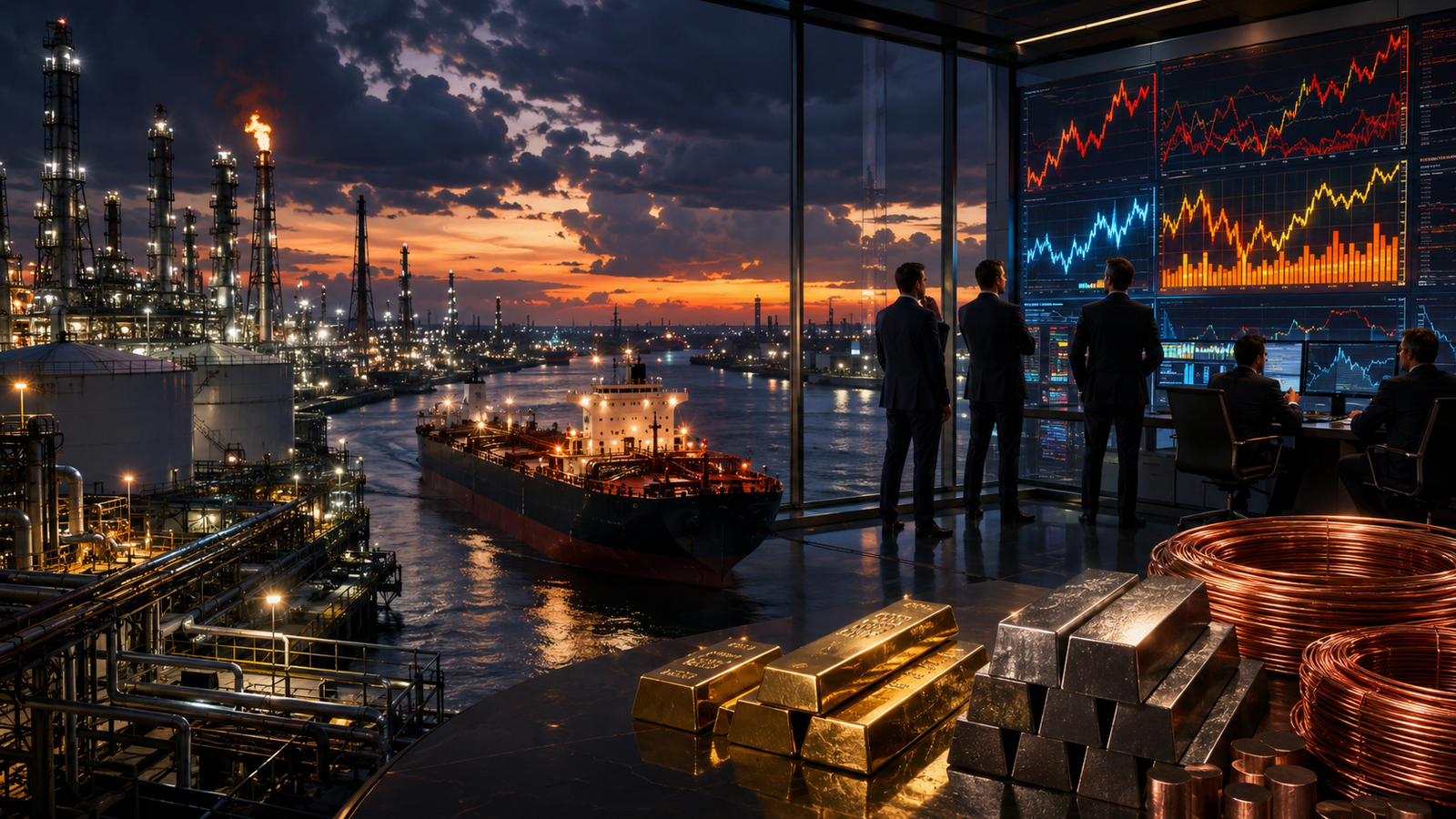Oil refinery towers, a tanker, gold bars, metal ingots and copper coils appear beside a trading room where analysts review volatile commodity charts.