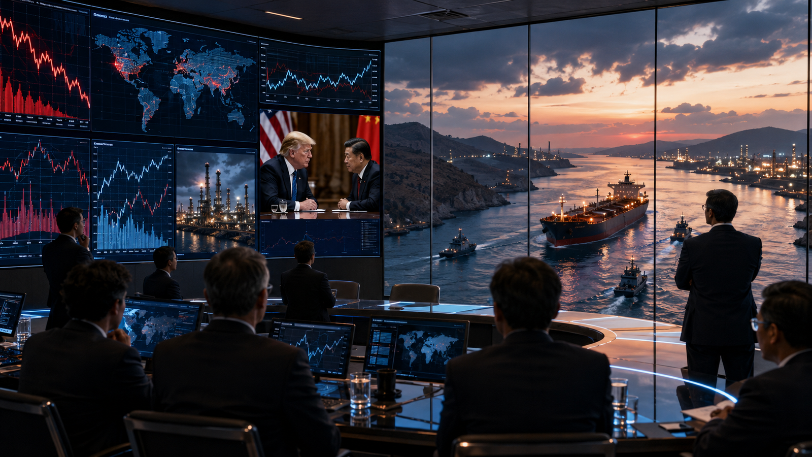 Market analysts watch global trading screens, a tense Trump-Xi meeting image and an oil tanker moving through a strategic shipping channel at sunset.