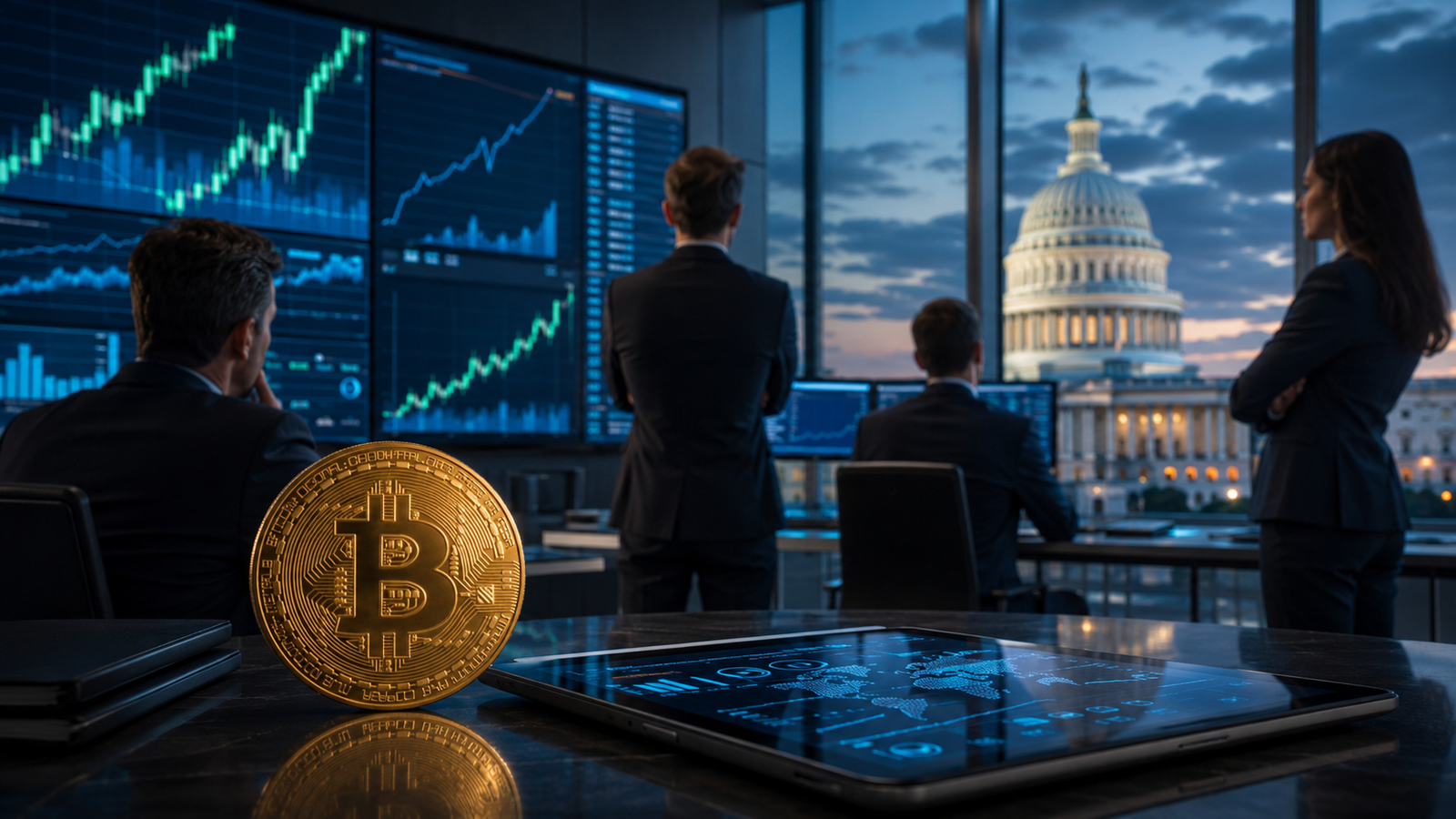 A gold Bitcoin coin sits on a trading desk as analysts review rising crypto market charts with the U.S. Capitol visible through office windows.