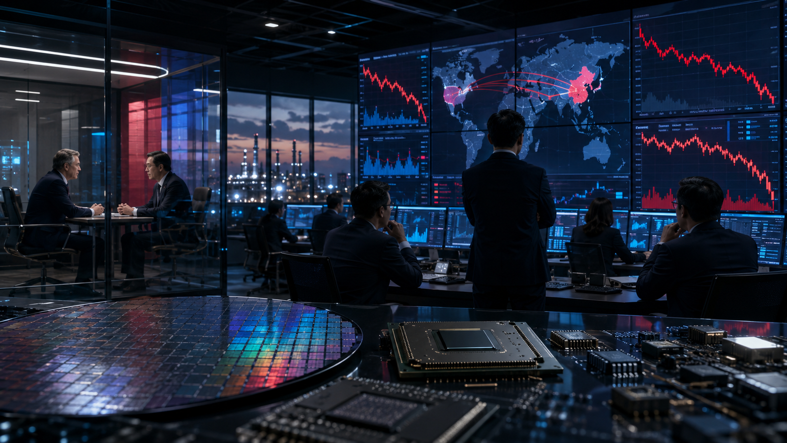Semiconductor wafers and AI chips sit in a trading room as analysts review falling market charts and U.S.-China supply-chain visuals.