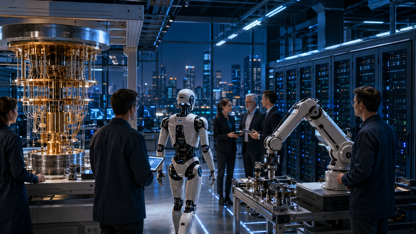 Engineers and executives observe a humanoid robot, quantum computing hardware, robotic arm and AI data center servers inside a high-tech lab.