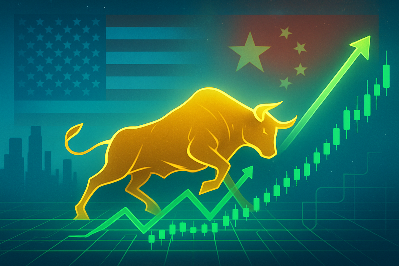 Golden bull charging upward over green stock market chart with U.S. and China flags in the background, symbolizing bullish sentiment and easing trade tensions.