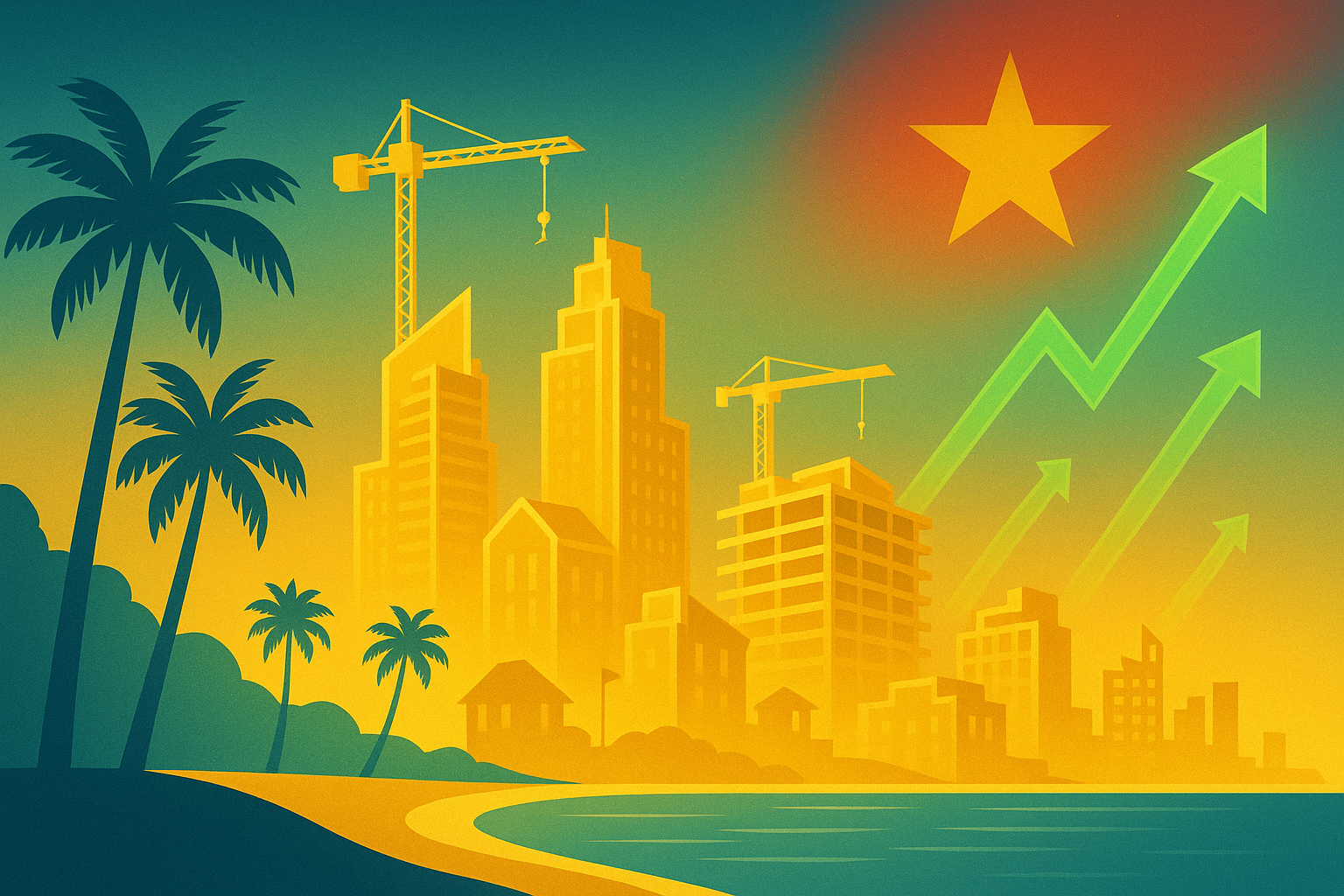 Stylized illustration of Vietnam’s coastline with cranes building golden skyscrapers, palm trees, and green upward arrows symbolizing economic growth and foreign investment.