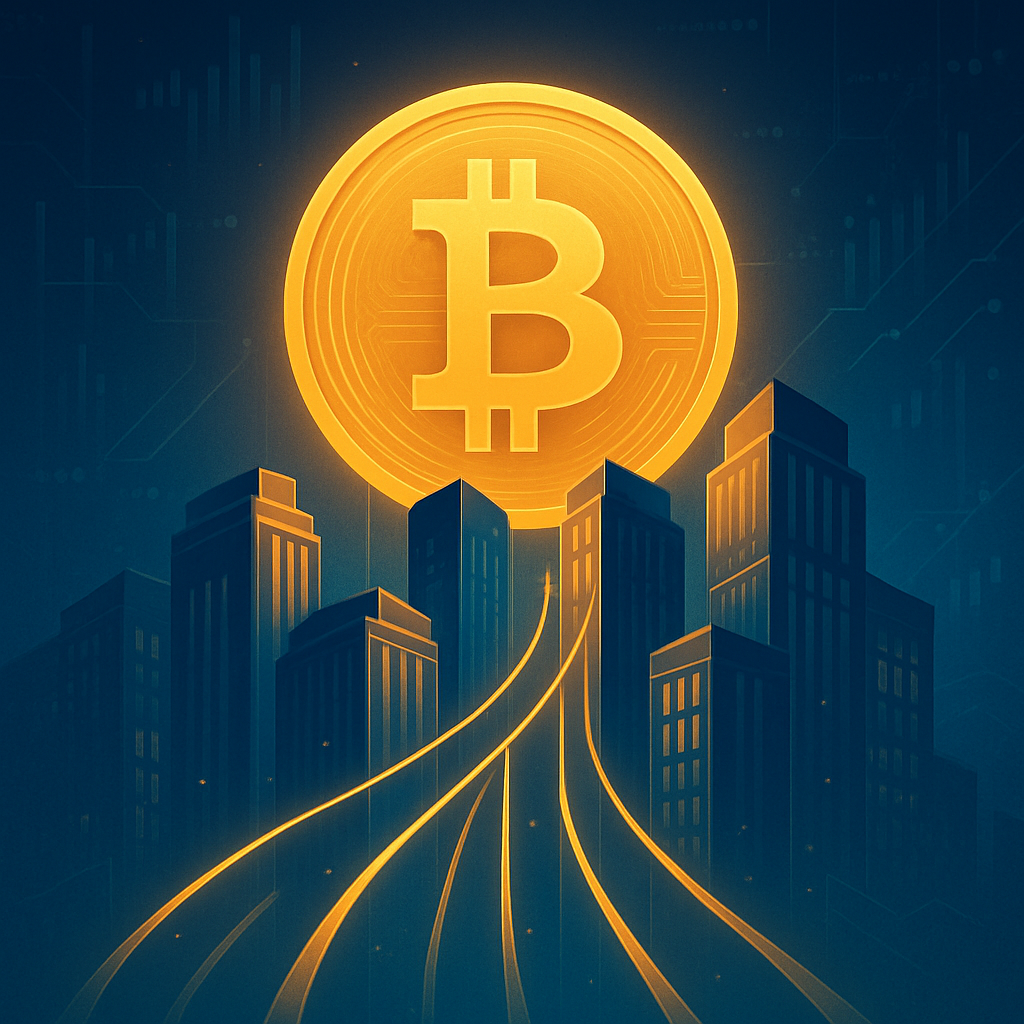 A symbolic digital illustration of Bitcoin rising in value, surrounded by abstract financial symbols and institutional buildings, suggesting strong institutional support.