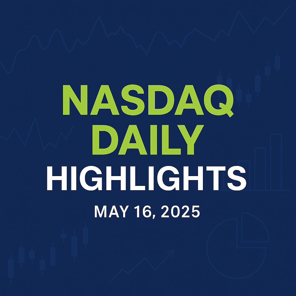 Square feature image with the text "NASDAQ DAILY HIGHLIGHTS" in bright lime green and white on a deep navy blue background, featuring subtle financial chart graphics including line charts, bar charts, and pie charts in the background.