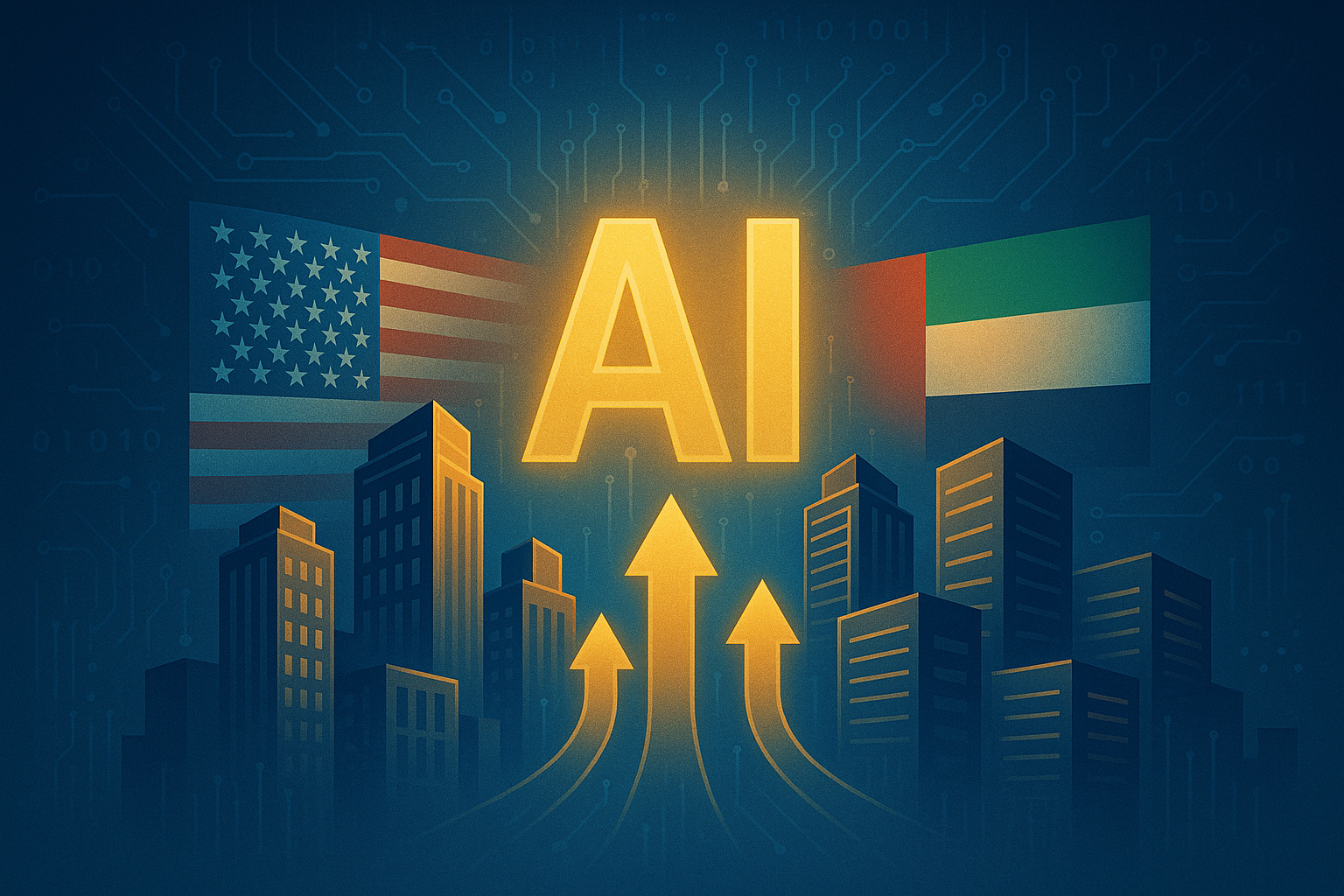 A symbolic digital illustration showing the integration of U.S. and UAE technological forces, represented by robotic hands, data streams, and architectural elements blending together in a futuristic landscape.