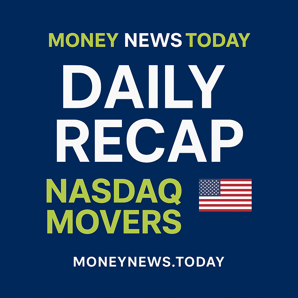 Square graphic for MoneyNews.Today featuring the Nasdaq daily recap with a dark blue and lime green color scheme, bold text, and a U.S. flag icon.