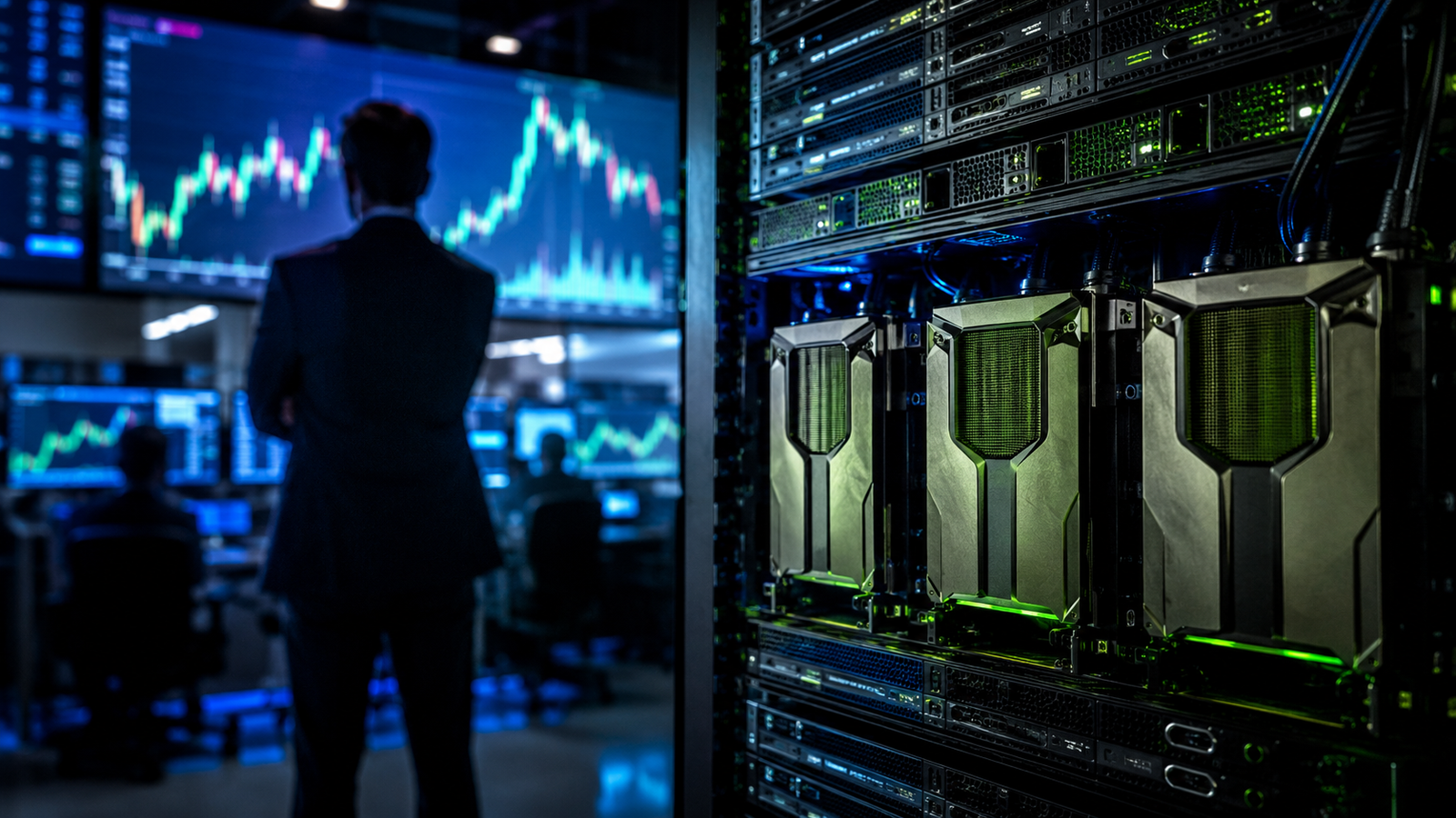 Photorealistic image of advanced GPU servers beside a trading-room scene with blurred market charts, symbolizing Nvidia earnings and investor focus on AI infrastructure.