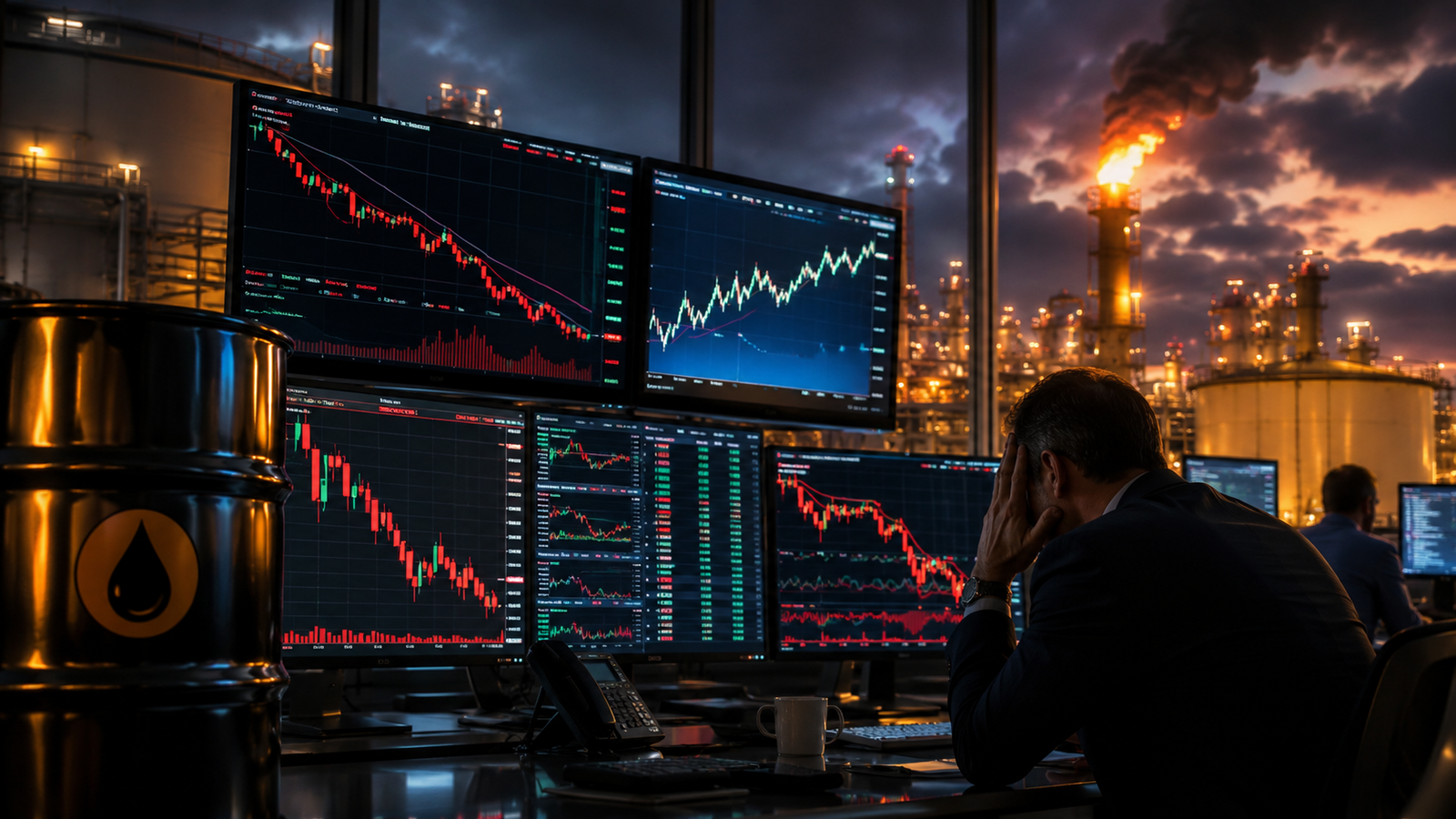 Photorealistic image of a concerned trader watching falling market charts, with an oil barrel and refinery flames symbolizing rising crude prices and market pressure.