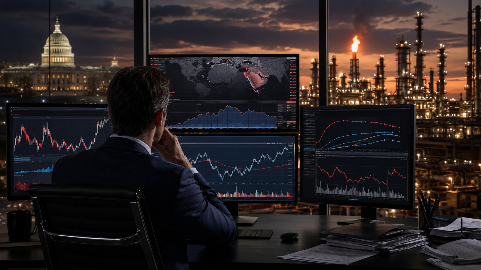 Photorealistic image of a market analyst watching financial charts and a Middle East map, with refinery flames and a government building in the background.