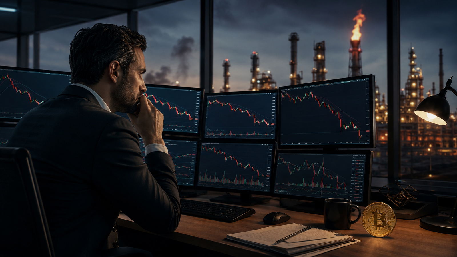 Photorealistic image of a crypto trader watching declining market charts, with a Bitcoin coin on the desk and refinery flames in the background.