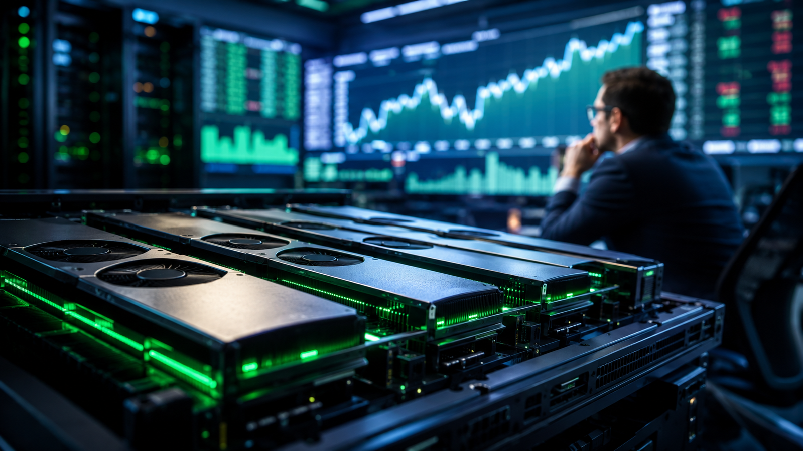Photorealistic image of high-end GPU server hardware in a trading-room environment, with a market analyst watching abstract financial charts in the background.