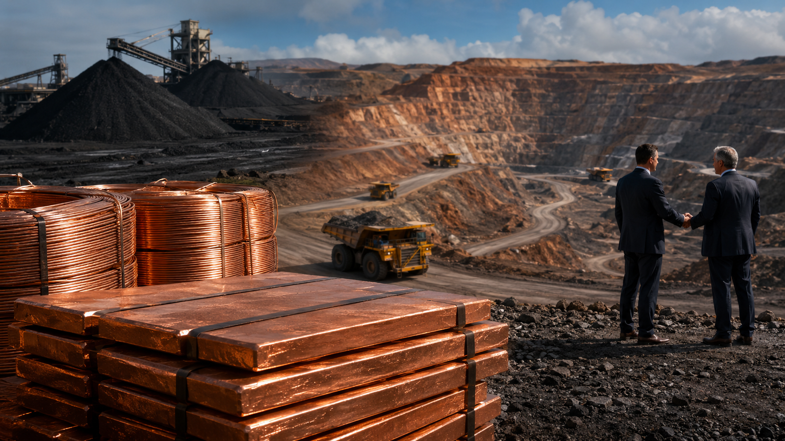 Photorealistic image of copper coils and ingots in front of an open-pit mine, with executives shaking hands and a coal stockpile in the background.