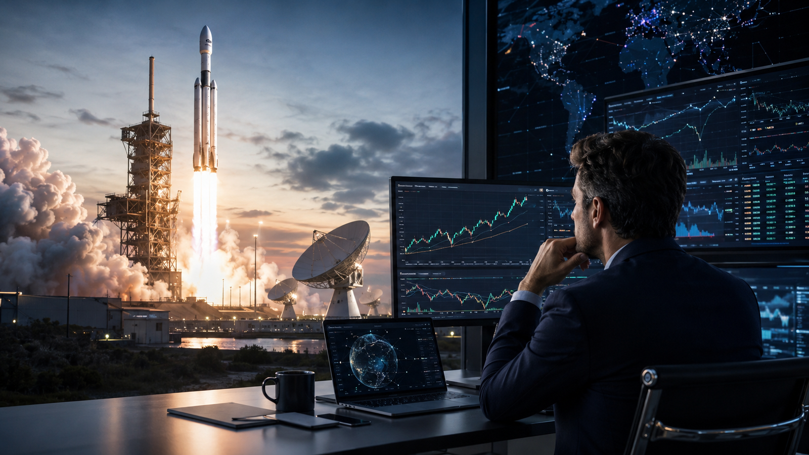 Photorealistic image of a rocket launch beside a market-analysis room, with an investor watching financial charts and satellite-network visuals.