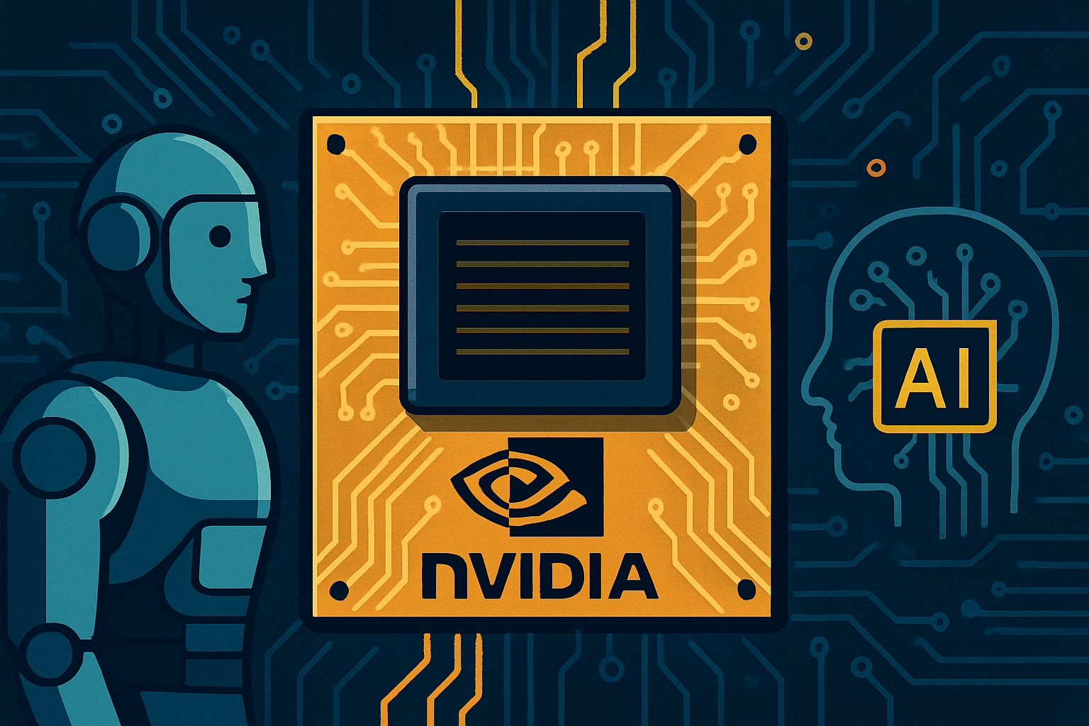 Illustration of an Nvidia GPU chip surrounded by a humanoid robot and AI circuitry against a high-tech background.
