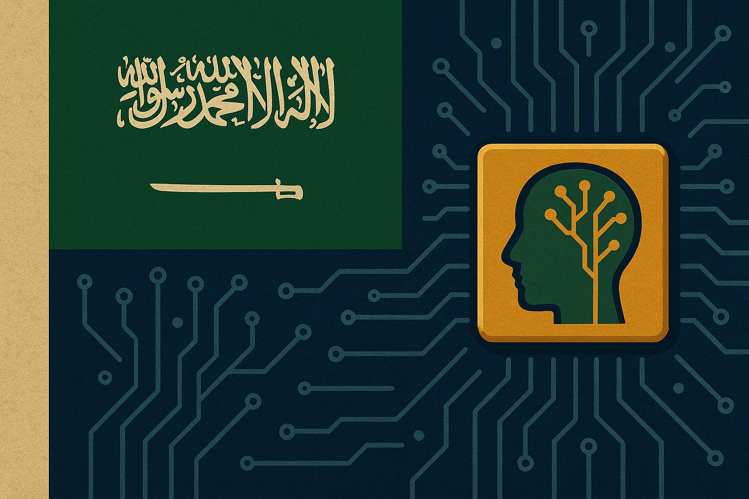 A digital illustration showing the Saudi Arabian flag and a stylized microchip with a human head icon, representing AI innovation.