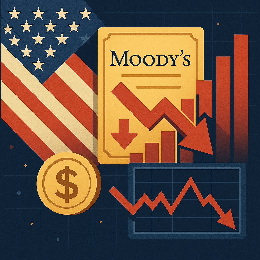 Illustration of Moody’s credit rating downgrade impacting U.S. financial markets, featuring the American flag, a downward-trending chart, a gold dollar coin, and symbolic economic indicators.