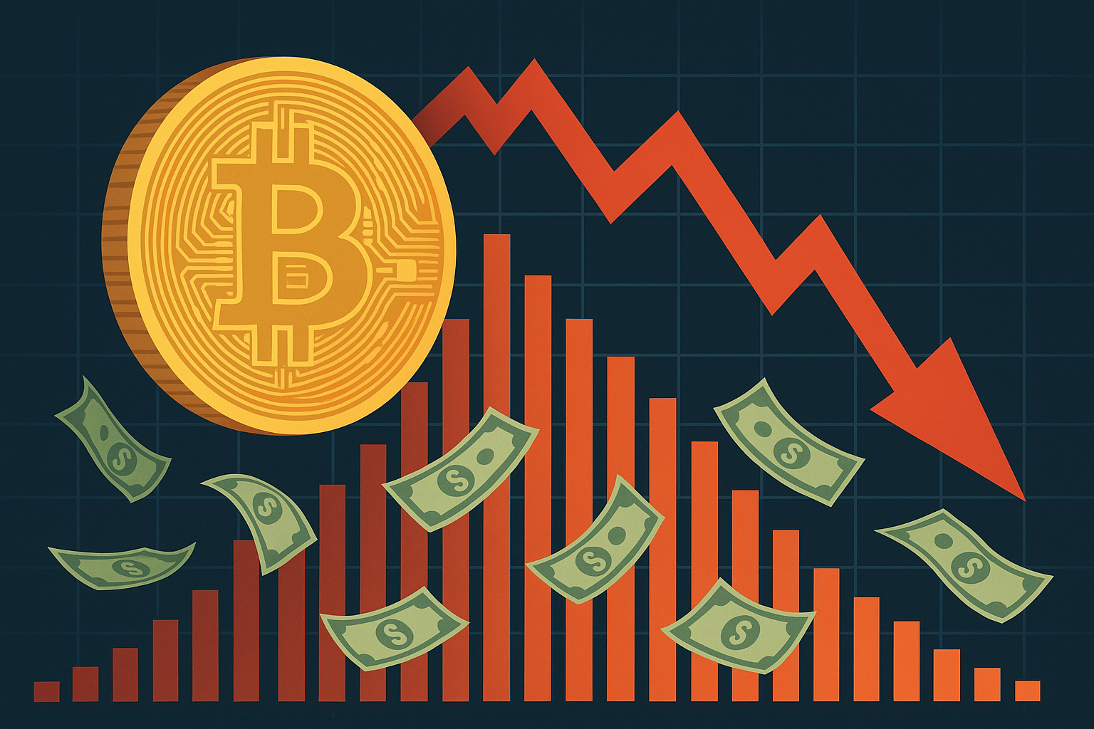 Illustration of a large golden Bitcoin symbol with a red downward arrow, falling bar chart, and floating dollar bills against a dark grid background.