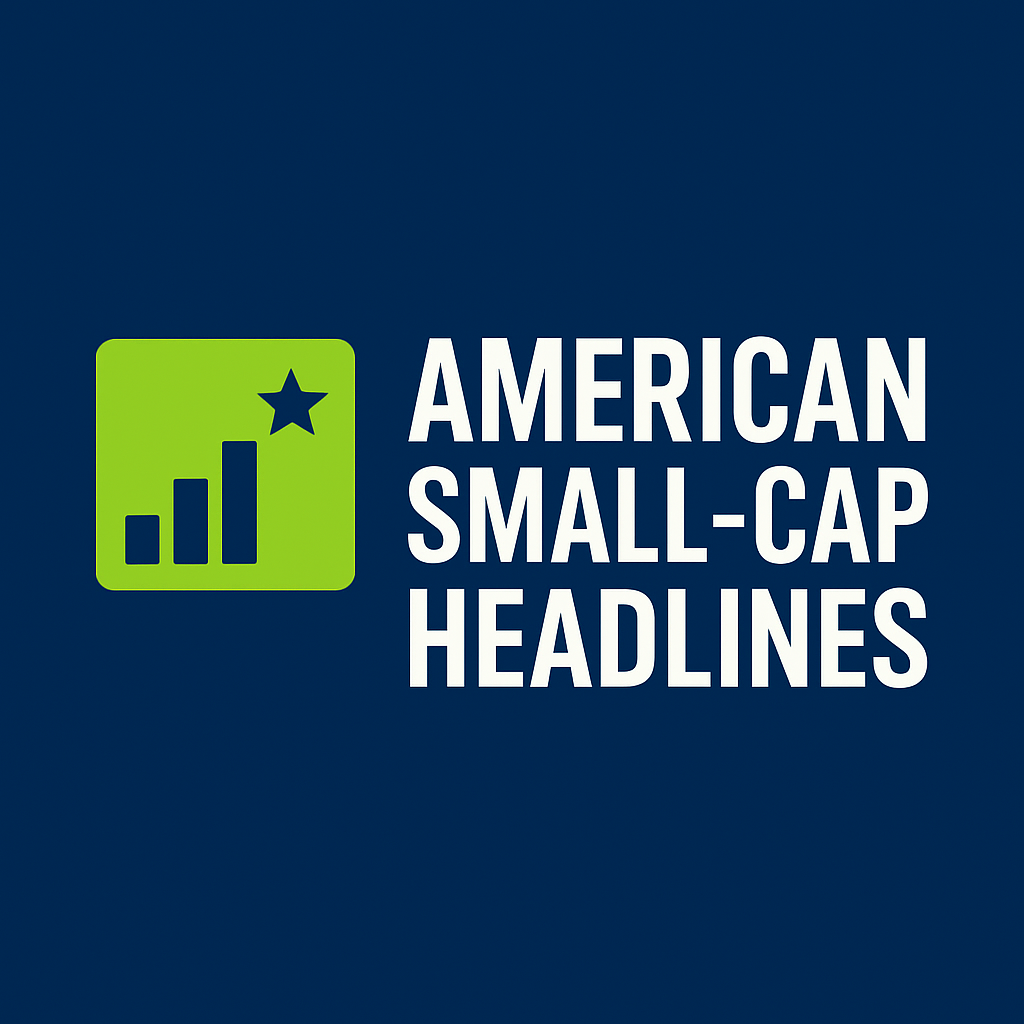 Square graphic with a dark navy blue background featuring a bright green icon of an ascending bar chart and star, next to bold white text reading "American Small-Cap Headlines."