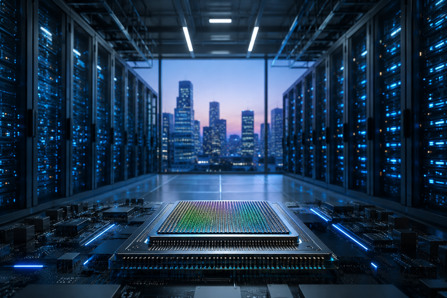 Photorealistic image of a glowing AI microchip in front of server racks inside a futuristic data center with a city skyline in the background.