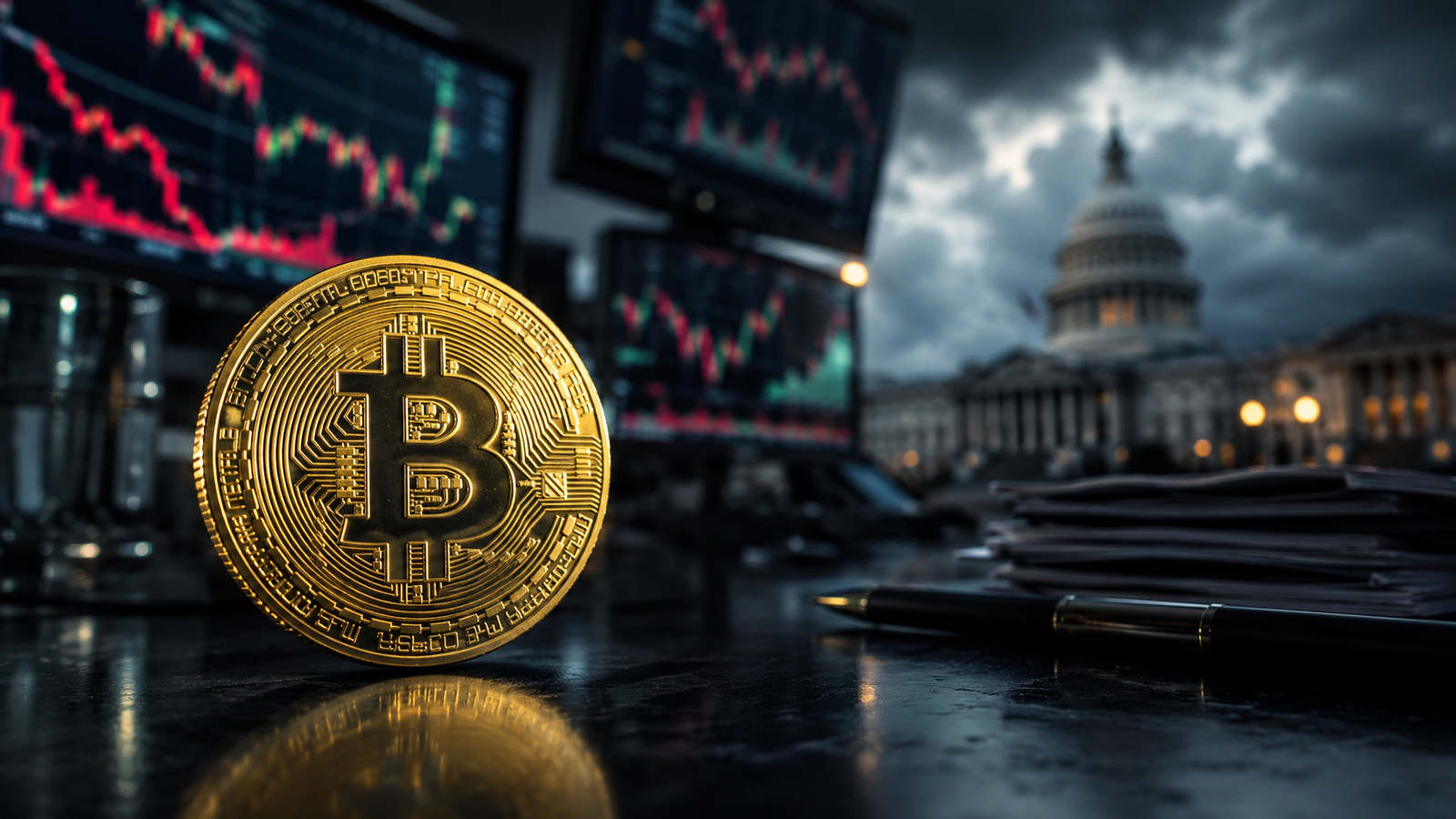Photorealistic image of a gold Bitcoin coin on a trading desk with market charts, storm clouds, and the U.S. Capitol blurred in the background.
