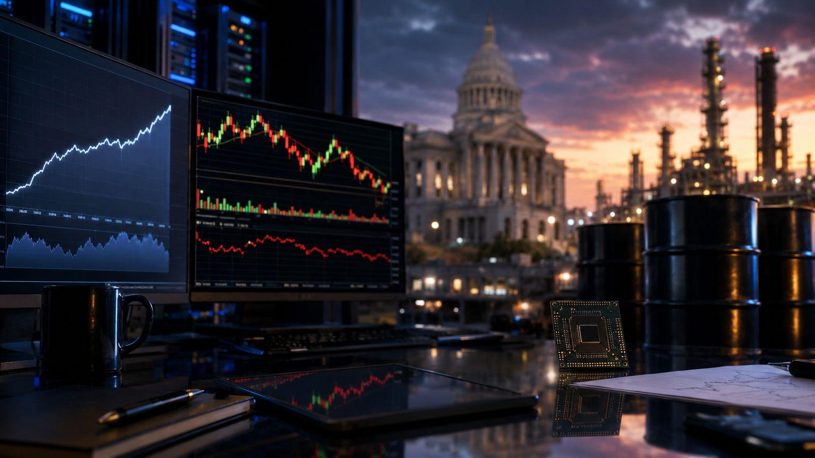 Photorealistic image of a trading desk with stock market charts, oil barrels, a microchip, and the U.S. Capitol in the background at dusk.