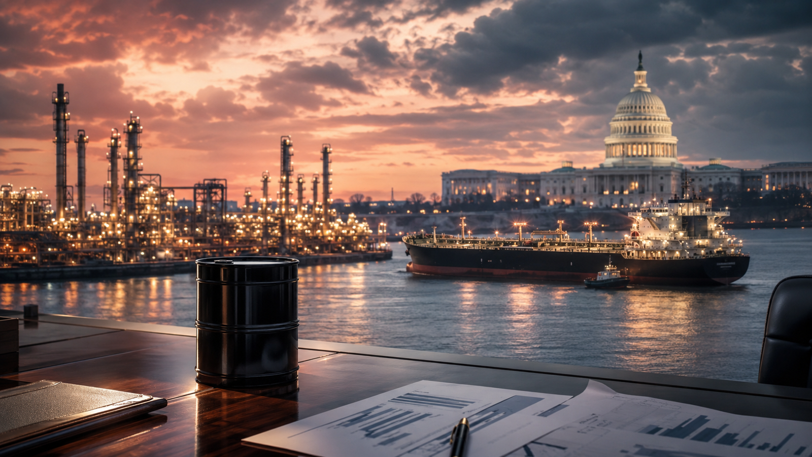 Photorealistic image of an oil barrel on a financial desk overlooking an oil refinery, a tanker ship, and the U.S. Capitol at sunset.