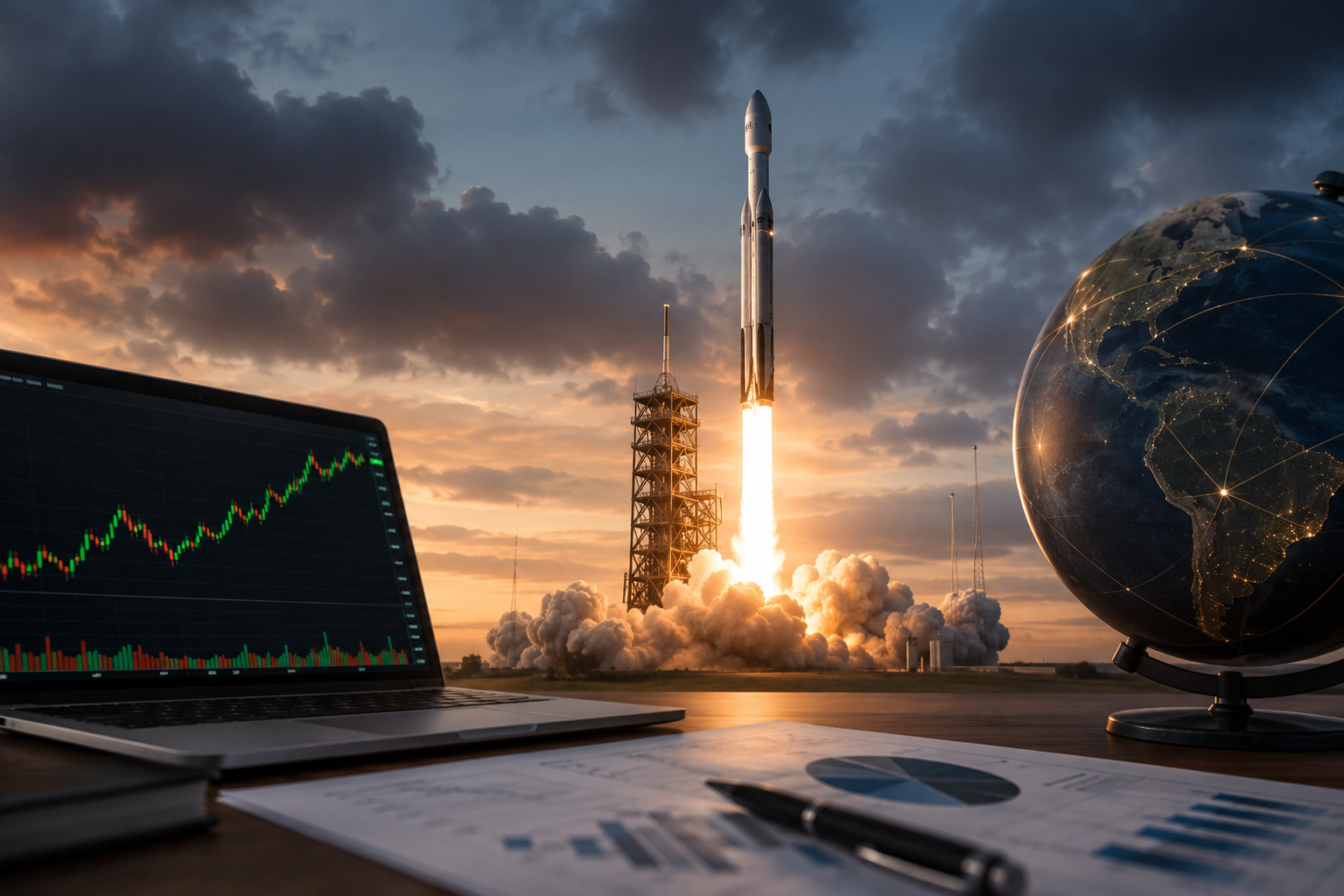 Photorealistic image of a rocket launching near a financial desk with market charts, investment papers, and a globe showing global network connections.