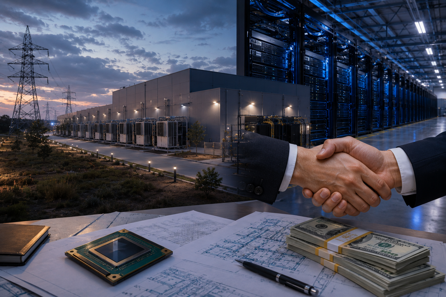 Photorealistic image of a business handshake in front of a large data center, server racks, power lines, engineering plans, a processor chip, and stacks of money.