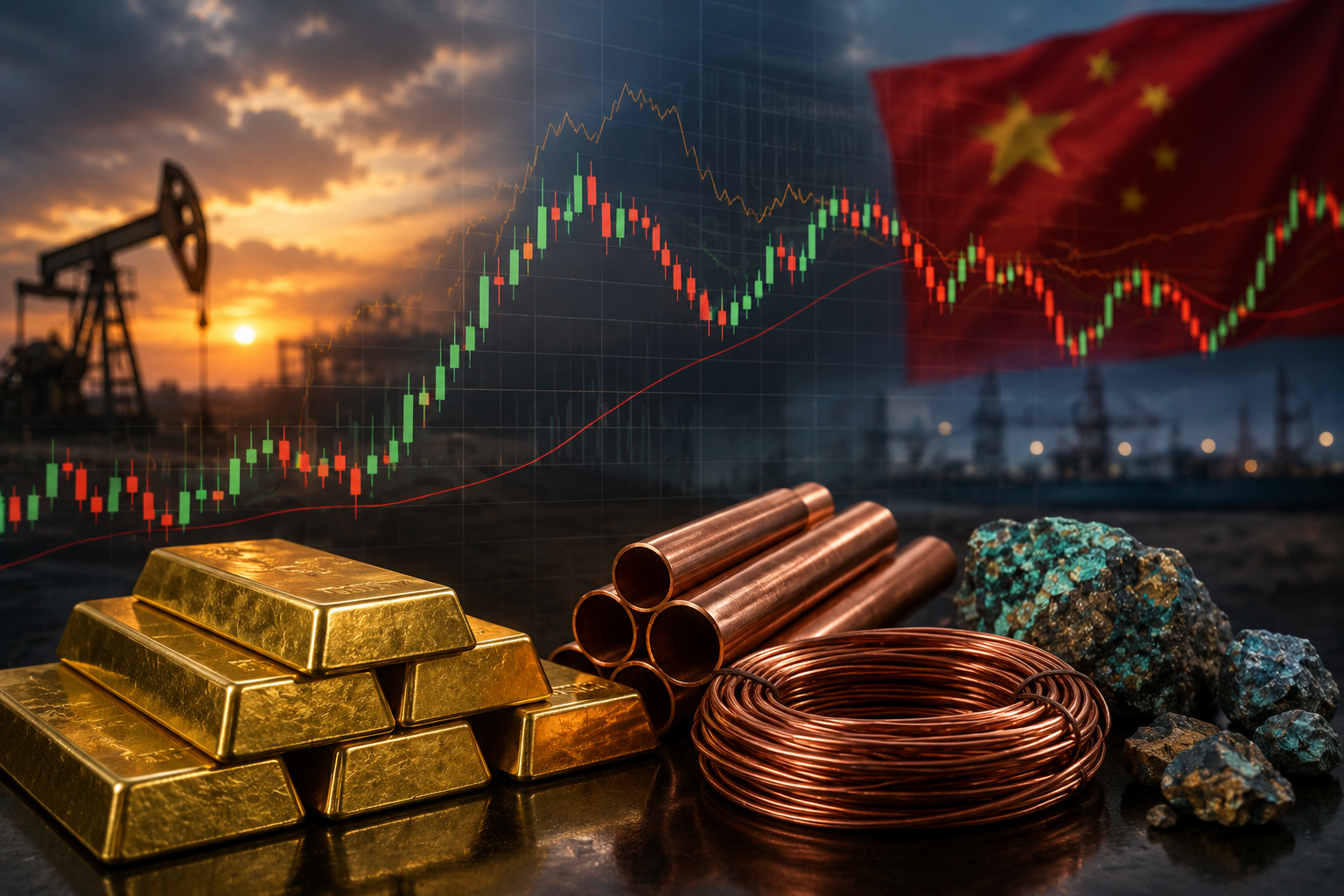 Photorealistic image of gold bars and copper coils on a financial trading desk, with mining equipment and industrial infrastructure in the background.