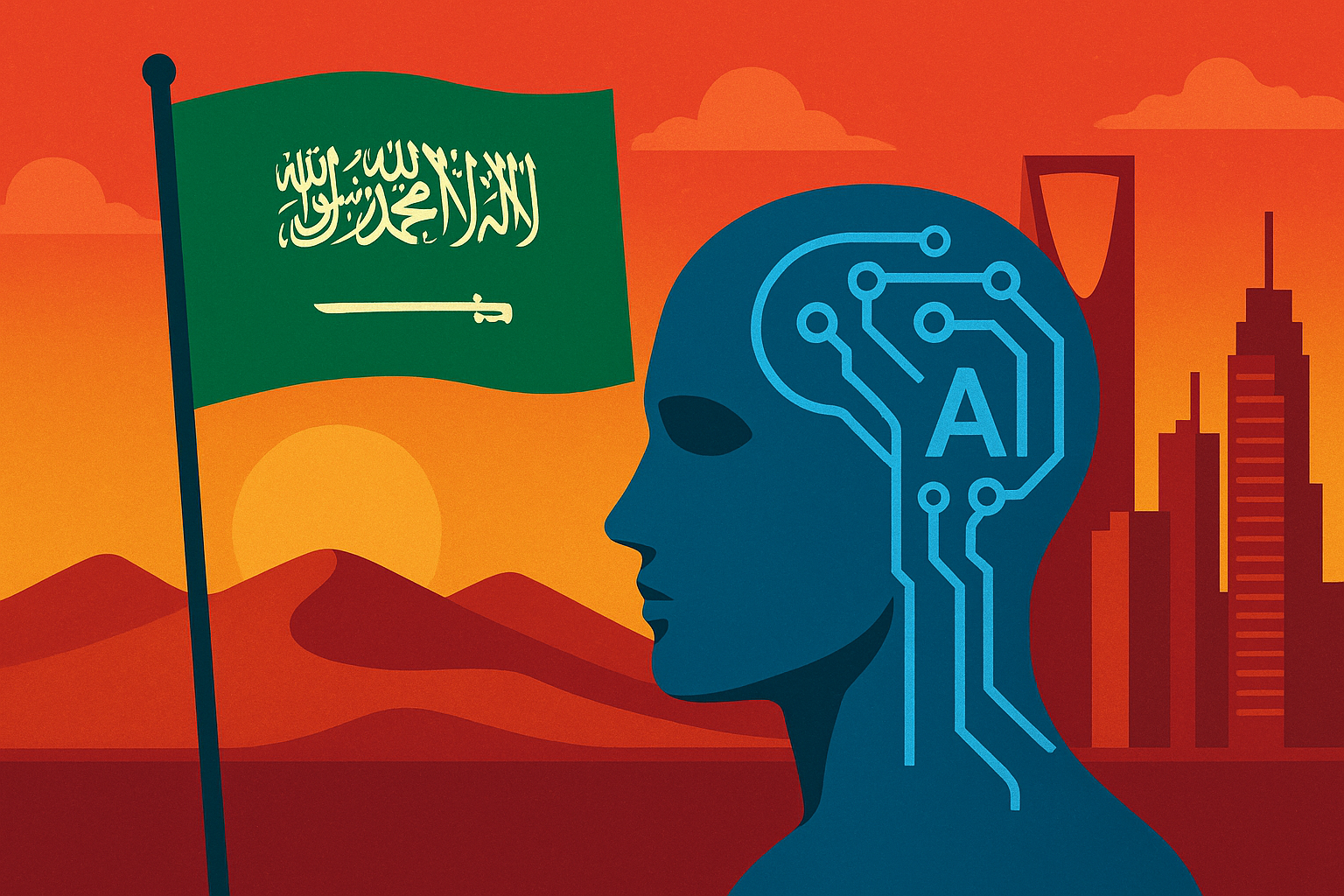 Futuristic digital illustration of Saudi Arabia with AI circuits and technology elements integrated into a desert cityscape.