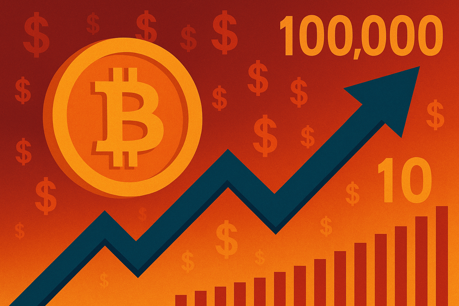 A bold digital illustration features Bitcoin’s iconic symbol alongside a rising chart and dollar signs, symbolizing market growth and dominance.