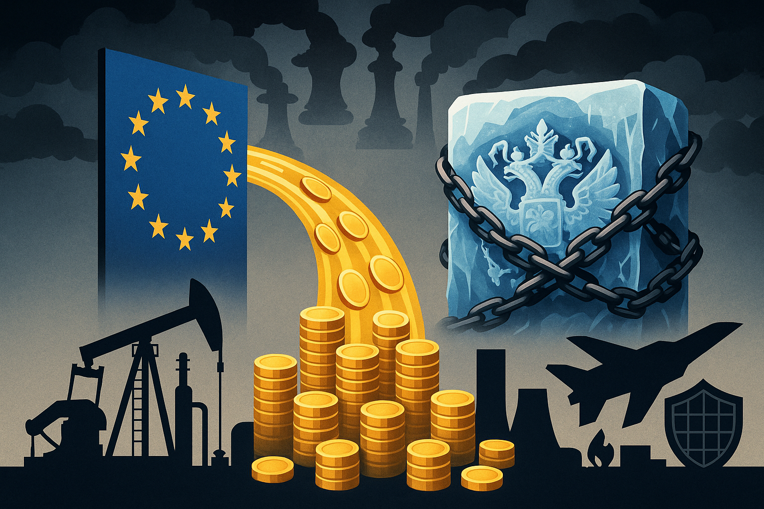 Digital artwork showing the EU redirecting gold coins from a frozen, chained Russian emblem into Western energy and defense industries, under looming geopolitical storm clouds.