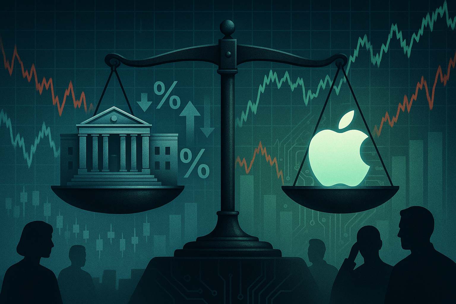 An abstract financial illustration showing a balancing scale with the U.S. Federal Reserve on one side and Apple’s logo on the other, surrounded by fluctuating stock market graphs and investor silhouettes.