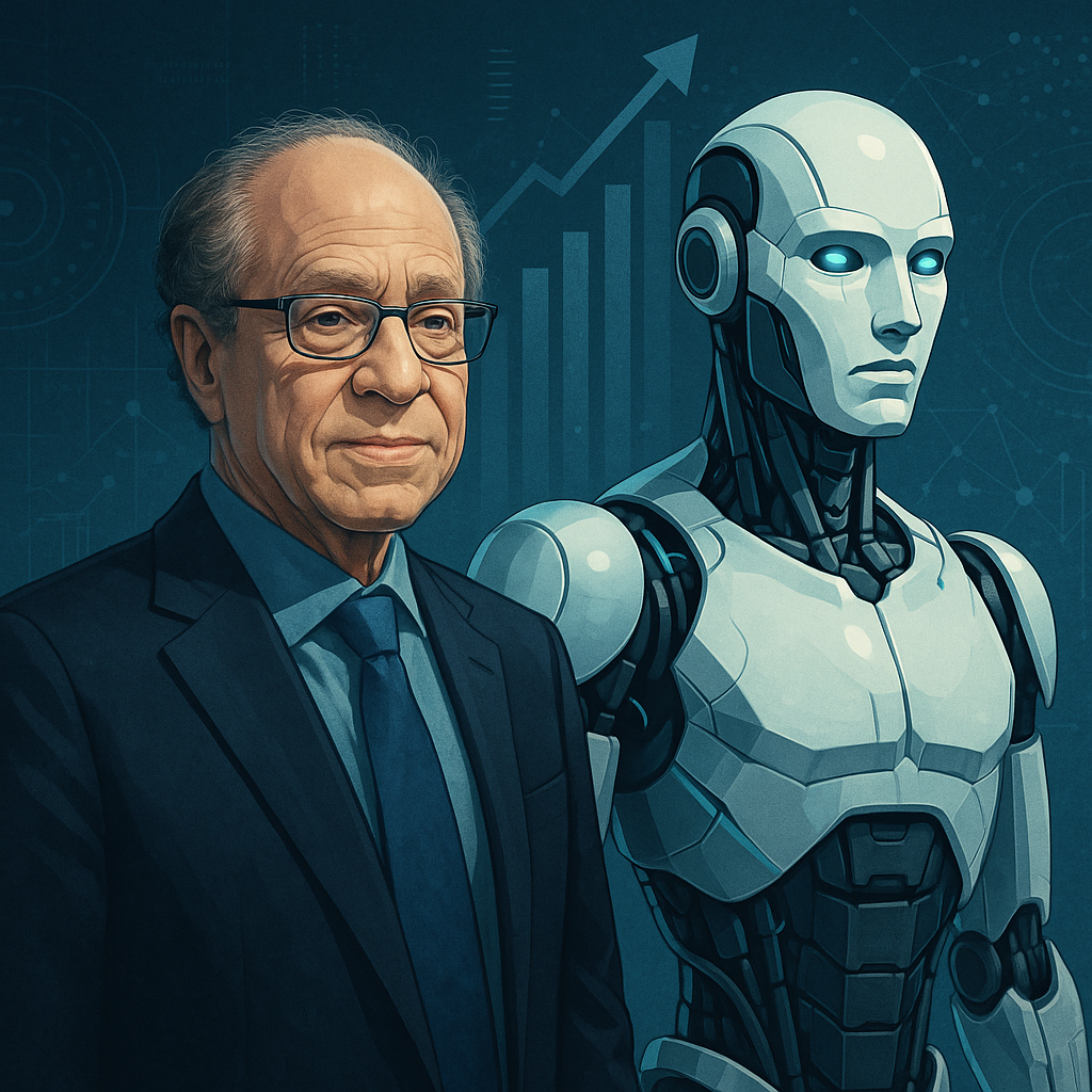 Ray Kurzweil standing beside a humanoid robot with a tech-themed background featuring charts and digital networks